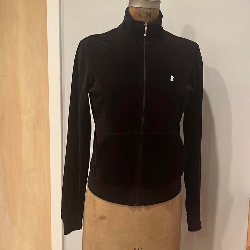 Juicy Couture velour black zip up jacket active top mock collar cropped size XL